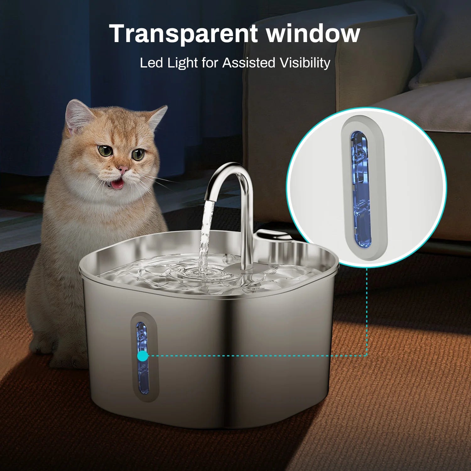Stainless Steel Pet Water Fountain — 2.2L Filtered Flow