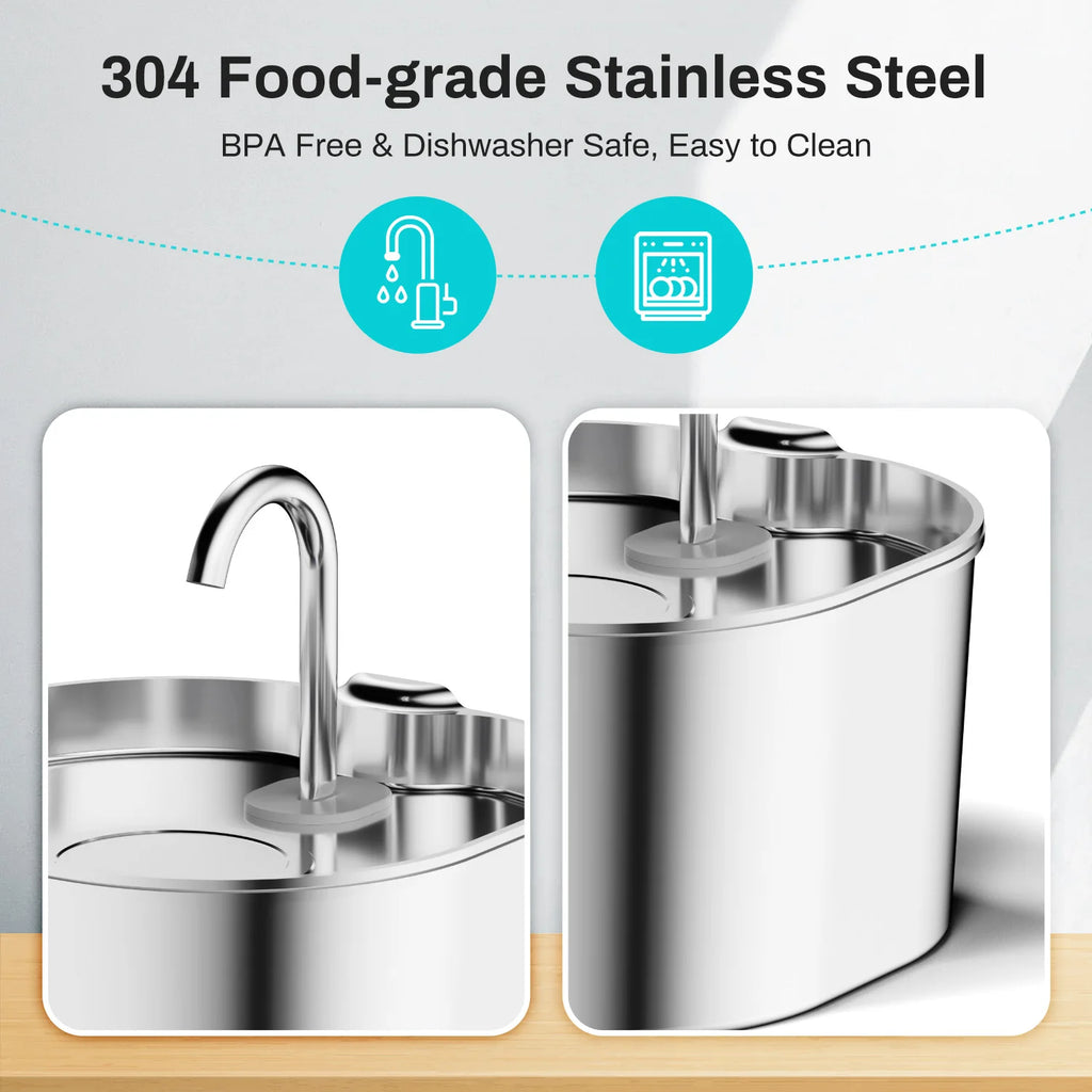 Stainless Steel Pet Water Fountain — 2.2L Filtered Flow