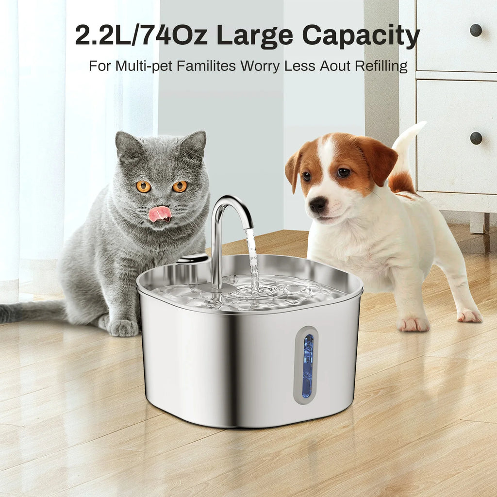 Stainless Steel Pet Water Fountain — 2.2L Filtered Flow
