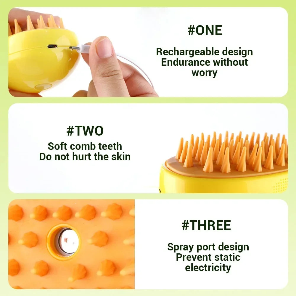 3-in-1 Electric Steam Pet Grooming Brush — Spray, Massage & Deshed