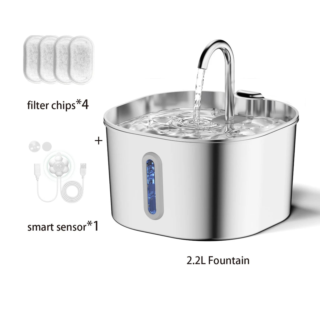Stainless Steel Pet Water Fountain — 2.2L Filtered Flow